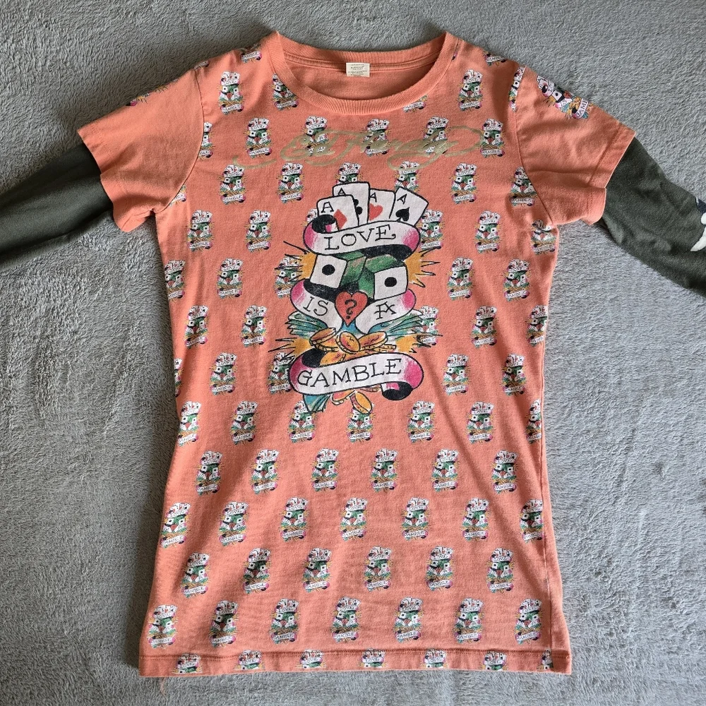 Ed Hardy Coral Pink and Olive Green Long Sleeve Layered Tee - Picture 2 of 14